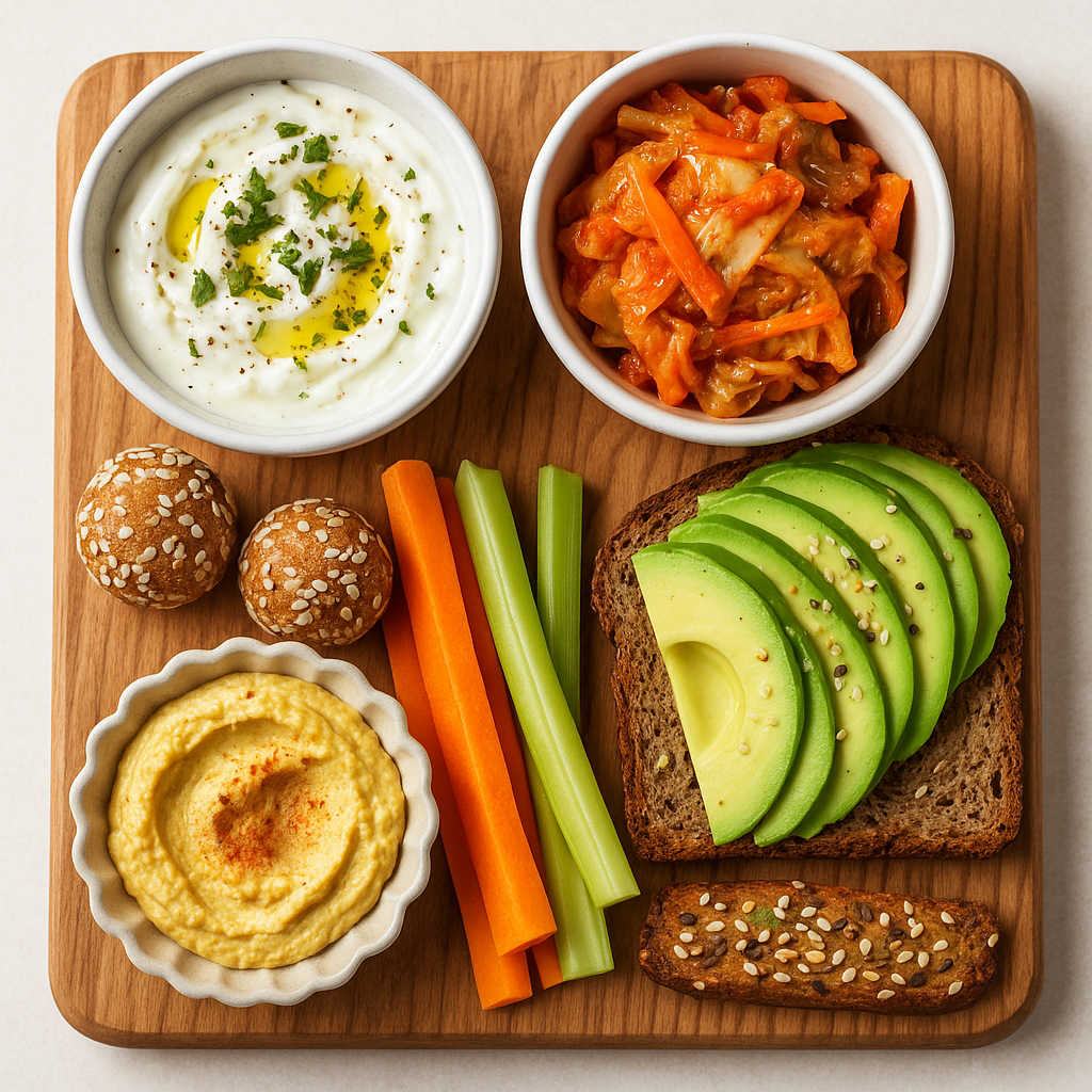gut friendly snack recipes on a wooden board